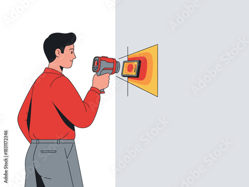 A man uses a thermal heat scan device to inspect a wall. The scan reveals heat patterns. Modern, professional setting. Clear visual.