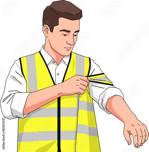 A young man puts on a high-visibility safety vest. Clear, bright image promoting safety awareness. Professional, clean composition.