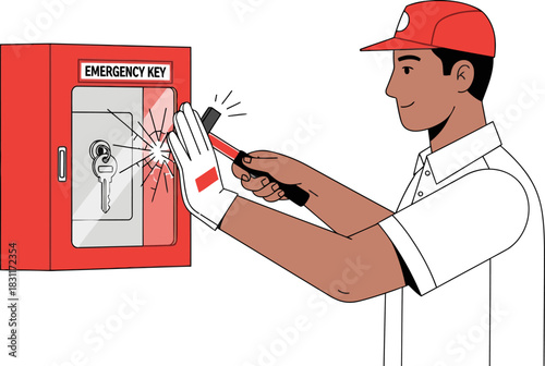 A maintenance worker breaks a glass emergency key box with a hammer. Bold graphic illustration. Bright red and white color scheme. Focus on action and emergency.