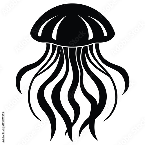 Single jellyfish silhouette showcases flowing tentacles and symmetrical umbrella shape against a clean white backdrop