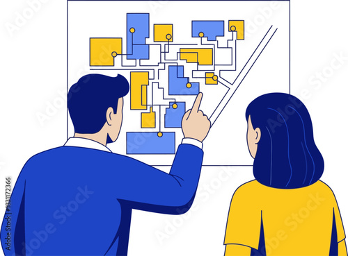 A professional couple studies a route map together, highlighting connections. Clear visual communication and strategic planning. Modern illustration style.