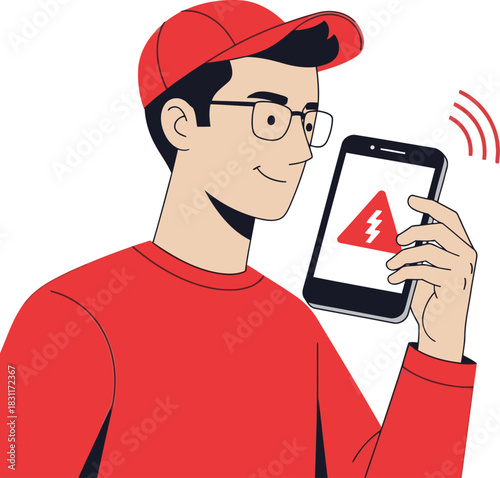 A young man uses his smartphone to call for help, displaying a hazard symbol. Modern illustration style, bright colors, conveying urgency and assistance. Suitable for tech, safety, and support themes.