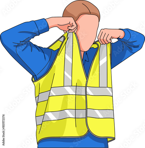 A man wearing a bright yellow safety vest and pulling it over his head. ?Wear Safety Gear? text overlay. Clean, modern illustration style.
