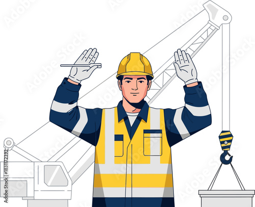 A professional crane operator signals with hands, wearing a high-visibility vest. Clear illustration of safe operation. Ideal for construction, safety, and training visuals.