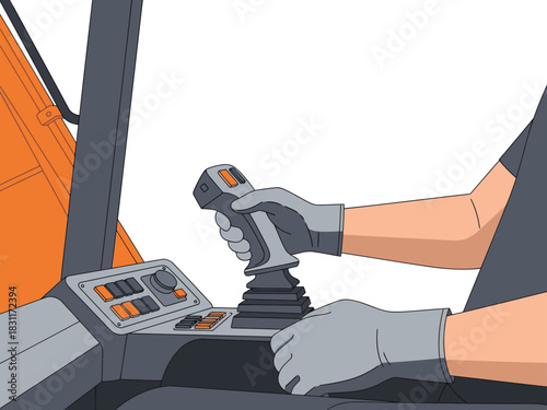 A professional operates heavy machinery, skillfully controlling the joystick. Focused on precision and control, this image showcases heavy equipment operation. Bright, clear, and dynamic.