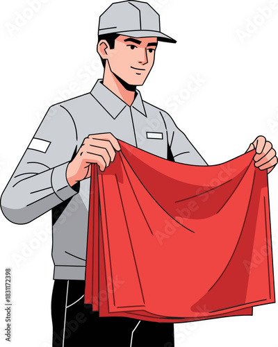 A professional man demonstrates using a fire blanket. Clear, instructional graphic with a bright red blanket. Simple, modern design.