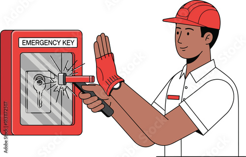 A worker uses a sledgehammer to break an emergency key access panel. Bold, graphic illustration.  Strong visual impact for emergency preparedness concepts.