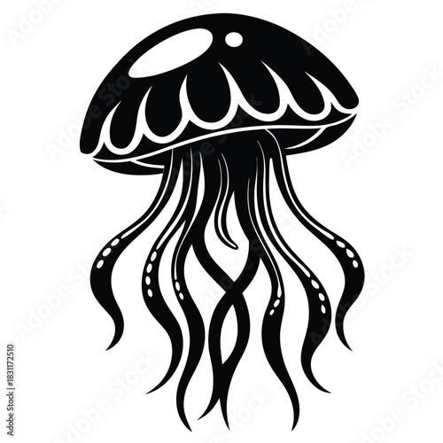 Black jellyfish floats gracefully with its long tentacles in the deep ocean water
