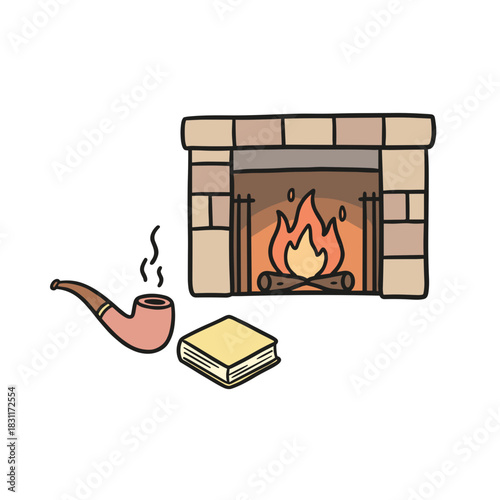 Cozy fireplace with smoking pipe and a book nearby  