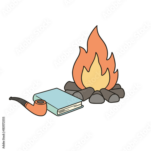 Campfire with book and smoking pipe on white background  