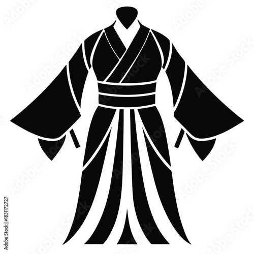 Monochromatic shows a traditional Asian kimono robe with a white trim