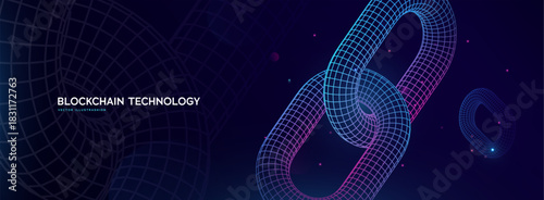 Blockchain Network Chain In Futuristic Neon Grid Style, Digital Security And Cryptocurrency Concept On Dark Background, Vector Illustration.
