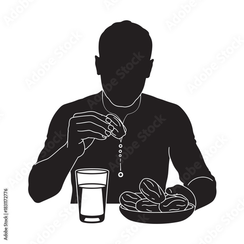 Silhouette of a man breaking fast with dates and water vector illustration for Ramadan isolated on white background