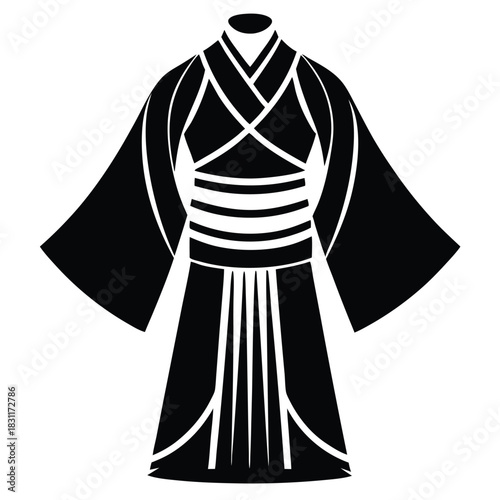 Black and white stylized illustration shows kimono attire with wide sleeves and ornate design