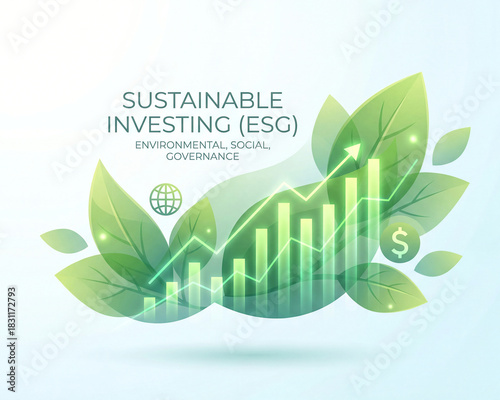 Sustainable investing concept with green leaves and glowing financial graph symbolizing environmental, social, and governance growth for eco friendly finance success