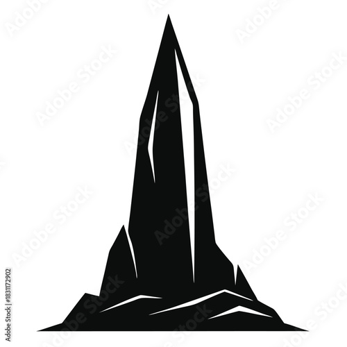 A black and white stylized illustration shows a single, jagged mountain peak sharply rising up