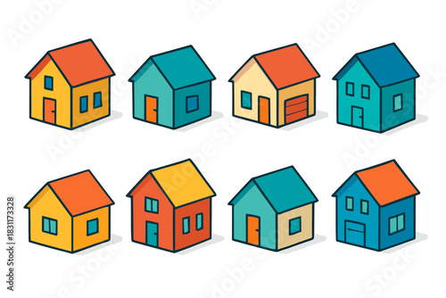 Set of colorful isometric houses in various designs for architectural concepts