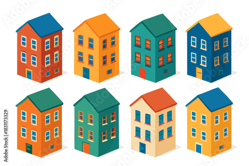 Colorful isometric house collection for urban design and architectural projects