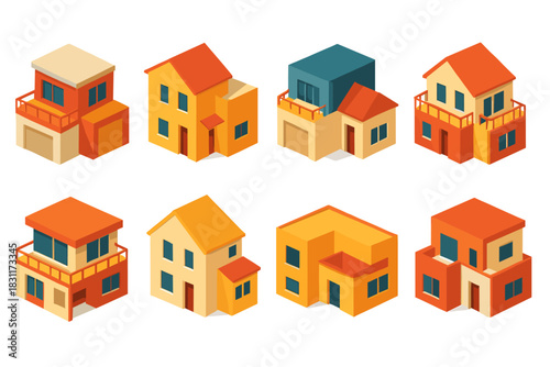 Colorful isometric house set for architectural design and decor
