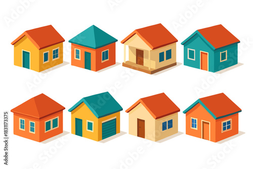 Colorful collection of isometric houses for design and construction concepts