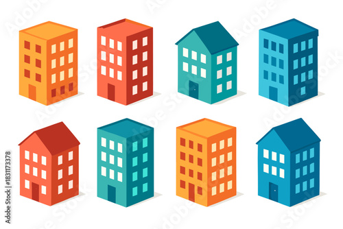 Colorful isometric buildings set for architecture and design projects