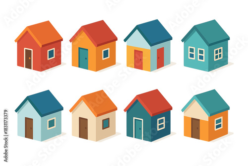 Collection of colorful isometric houses for architectural design and illustration projects