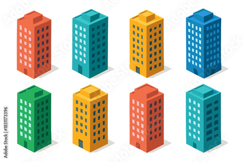 Colorful geometric urban buildings set for design and architecture projects