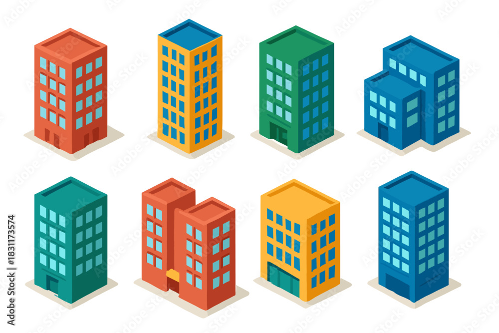 Fototapeta premium Colorful isometric buildings set for architectural design and urban planning