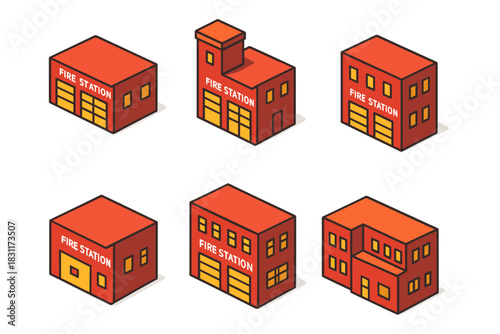 Isometric fire station building collection for design and creativity