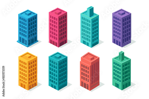 Colorful geometric buildings on white background for urban design concepts