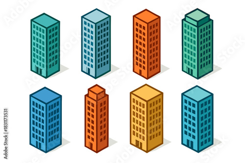 Colorful isometric buildings collection for urban design projects