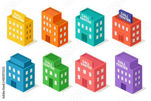 Colorful isometric call center buildings collection for business design projects