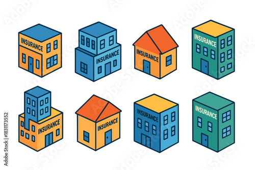 Isometric illustration of insurance buildings in various colors and styles