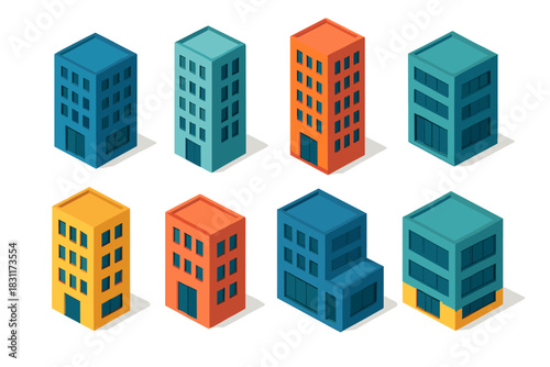 Isometric urban building set for architectural diagrams and city planning design
