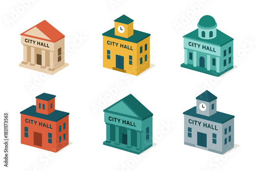 Colorful isometric city hall collection for urban design and architecture projects