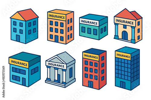 Various insurance building icons set for business and financial concepts