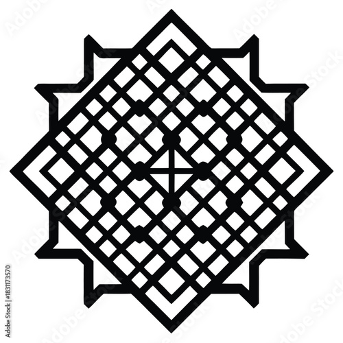 A black star features geometric patterns formed from intersecting lines and circular elements
