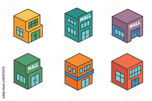 Isometric icon set of colorful buildings and malls for design projects