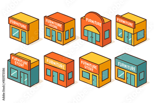 Isometric furniture store building variations for urban design concepts