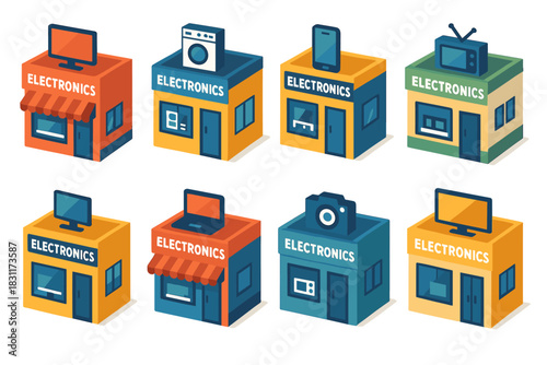 Electronics storefronts collection featuring tvs, cameras, and gadgets