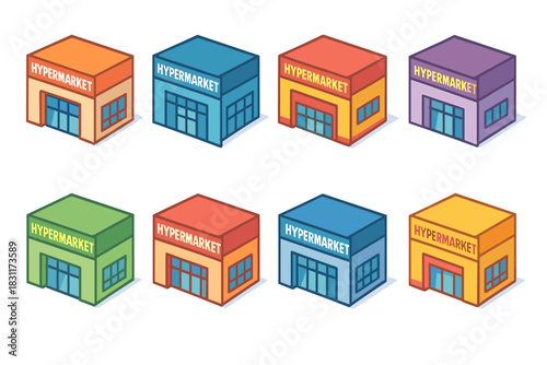 Colorful collection of hypermarket building designs for retail concepts