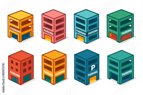 Isometric colorful parking structures for urban design projects