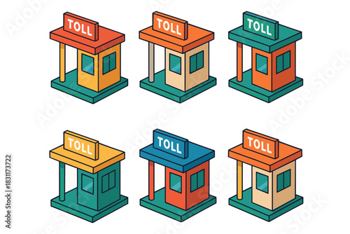 Colorful isometric toll booth icons for transportation and infrastructure design projects