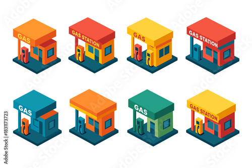 Colorful isometric gas station icons for design projects and digital art