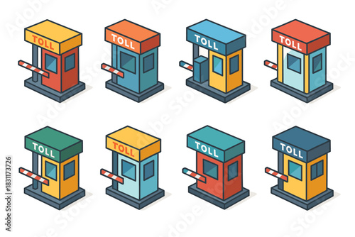 Isometric toll booth variations in bright colors for design projects