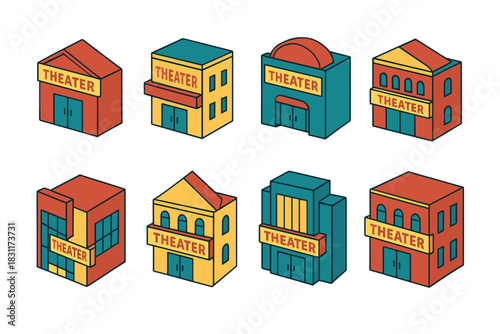 Collection of colorful theater building icons for creative design projects