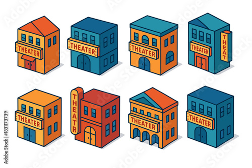 Colorful theater building variations for urban design and creative projects