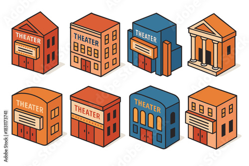 Collection of colorful theater building designs for urban architecture and entertainment concepts