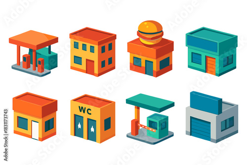 Isometric cityscape buildings set for urban design and planning concepts