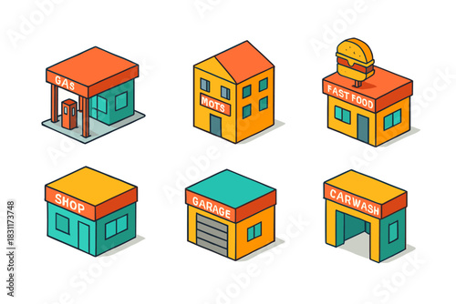 Colorful urban buildings set including gas station, fast food, shop, garage, and carwash for design projects